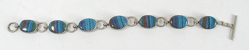 New Old Stock Inlay bracelet Sterling Silver and Rainbow Calsilica link bracelet
