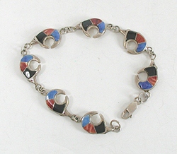 New Old Stock Inlay bracelet Sterling Silver and orange and purple Medicine Bears link bracelet by Navajo artist Calvin Begay