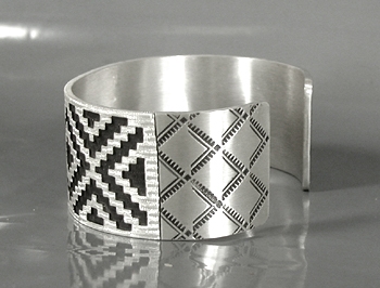Authentic Native American Sterling Silver Woven Rug Pattern cuff bracelet by Navajo silversmith Roland H. Begay