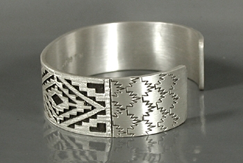 Authentic Native American Sterling Silver Woven Rug Pattern cuff bracelet by Navajo silversmith Roland H. Begay