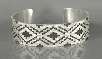 Authentic Native American Sterling Silver Woven Rug Pattern cuff bracelet by Navajo silversmith Roland H. Begay