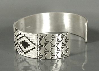 Authentic Native American Sterling Silver Woven Rug Pattern cuff bracelet by Navajo silversmith Roland H. Begay