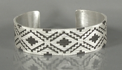 Authentic Native American Sterling Silver rug pattern cuff bracelet by Navajo silversmith Roland H. Begay