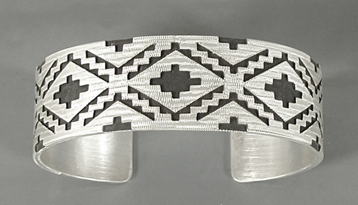 Authentic Native American Sterling Silver Woven Rug Pattern cuff bracelet by Navajo silversmith Roland H. Begay