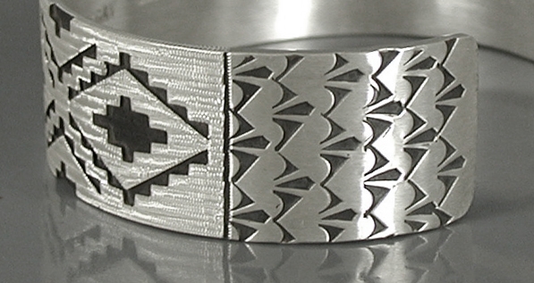 Authentic Native American Sterling Silver Woven Rug Pattern cuff bracelet by Navajo silversmith Roland H. Begay