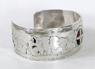 Authentic Native American German Silver Overlay 4-directions animal spirit Bracelet by Lakota silversmith Mitchell Zephier