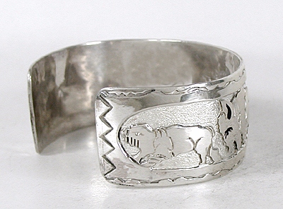 Authentic Native American German Silver Overlay 4-directions animal spirit Bracelet by Lakota silversmith Mitchell Zephier