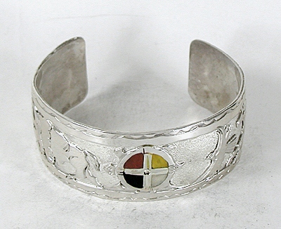 Authentic Native American German Silver Overlay 4-directions animal spirit Bracelet by Lakota silversmith Mitchell Zephier