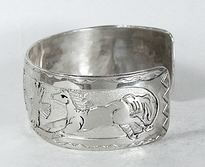 Authentic Native American German Silver Overlay 4-directions animal spirit Bracelet by Lakota silversmith Mitchell Zephier