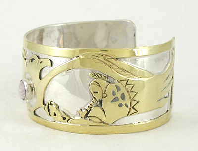 Authentic Native American German Silver and brass overlay double eagle spirit Bracelet by Lakota silversmith Mitchell Zephier size 7 1/2