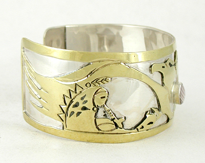 Authentic Native American German Silver and brass overlay double eagle spirit Bracelet by Lakota silversmith Mitchell Zephier size 7 1/2