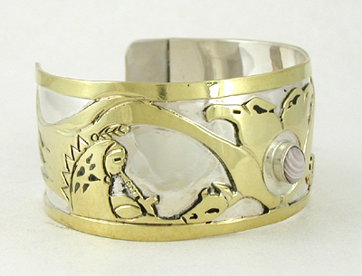 Authentic Native American German Silver and brass overlay double eagle spirit Bracelet by Lakota silversmith Mitchell Zephier size 7 1/2