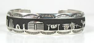 Hand made Native American Indian Jewelry; Navajo Sterling Silver Storyteller Bracelet