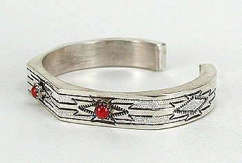 authentic Native American silver dust and coral sterling silver bracelet by Navajo artisan Melvin Tahe