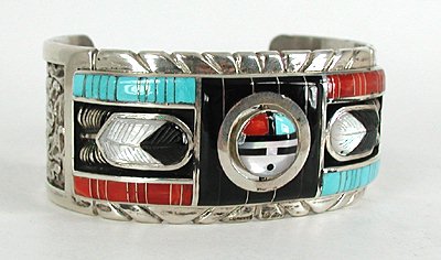 Authentic Native American Sterling Silver and Stone Inlay spinner Bracelet by Zuni Don Carlos Dewa