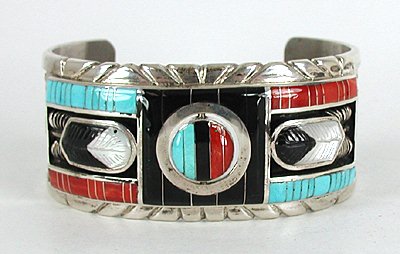 Authentic Native American Sterling Silver and Stone Inlay spinner Bracelet by Zuni Don Carlos Dewa