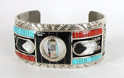 Authentic Native American Sterling Silver and Stone Inlay spinner Bracelet by Zuni Don Carlos Dewa