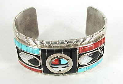 Authentic Native American Sterling Silver and Stone Inlay spinner Bracelet by Zuni Don Carlos Dewa