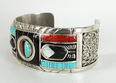 Authentic Native American Sterling Silver and Stone Inlay spinner Bracelet by Zuni Don Carlos Dewa