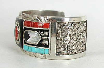 Authentic Native American Sterling Silver and Stone Inlay spinner Bracelet by Zuni Don Carlos Dewa