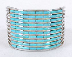 Authentic Native American Sterling Silver Turquoise Inlay Spreadwire Bracelet by Zuni artists Anson and Letitia Wallace