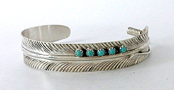 Sterling Silver Turquoise Feather Bracelet by Navajo Vivian Jones