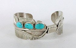Authentic Native American Sterling Silver Turquoise Feather Bracelet by Navajo Vivian Jones