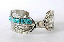 Authentic Native American Sterling Silver Turquoise Feather Bracelet by Navajo Vivian Jones