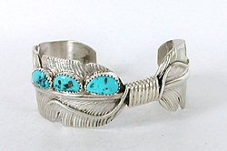 Authentic Native American Sterling Silver Turquoise Feather Bracelet by Navajo Vivian Jones