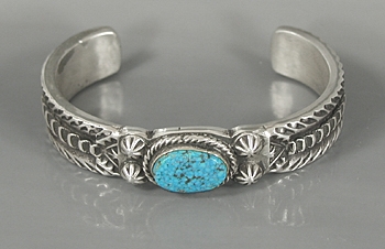 Authentic Native American sterling silver Kingman Turquoise bracelet by Navajo Elvira Bill