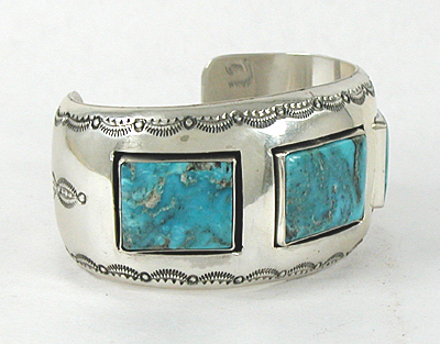 Authentic Native American sterling silver and Kingman Turquoise Bracelet by Navajo Wilbur Musket