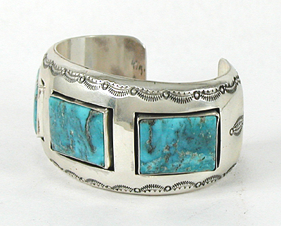 Authentic Native American sterling silver and Kingman Turquoise Bracelet by Navajo Wilbur Musket
