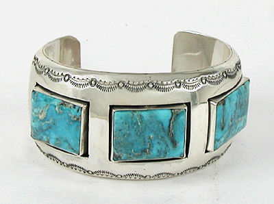 Authentic Native American sterling silver and Kingman Turquoise Bracelet by Navajo Wilbur Musket