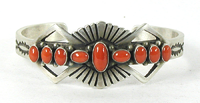 Authentic Native American sterling silver and Coral Bracelet by Navajo Fred Brown