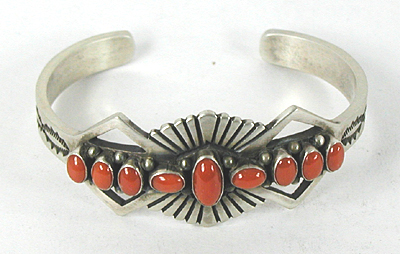Authentic Native American sterling silver and Coral Bracelet by Navajo Fred Brown