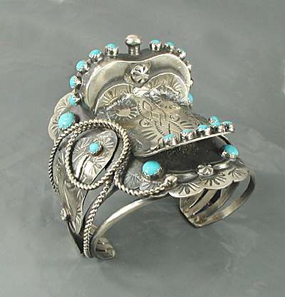 Authentic Native American sterling silver and turquoise Western Saddle Bracelet by Navajo Tim Yazzie size 6 5/8