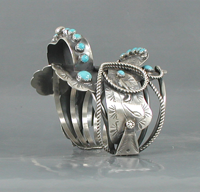 Authentic Native American sterling silver and turquoise Western Saddle Bracelet by Navajo Tim Yazzie size 6 5/8