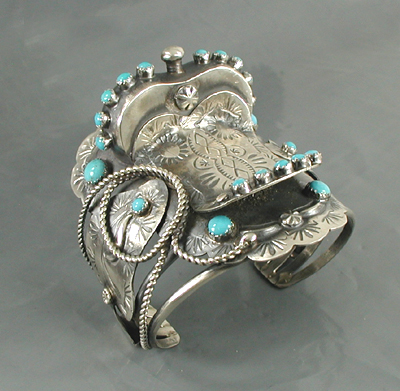 Authentic Native American sterling silver and turquoise Western Saddle Bracelet by Navajo Tim Yazzie size 6 5/8