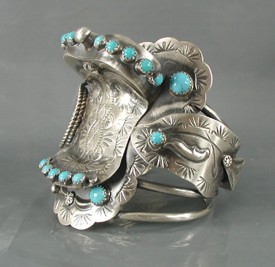 Authentic Native American sterling silver and turquoise Western Saddle Bracelet by Navajo Tim Yazzie size 6 5/8
