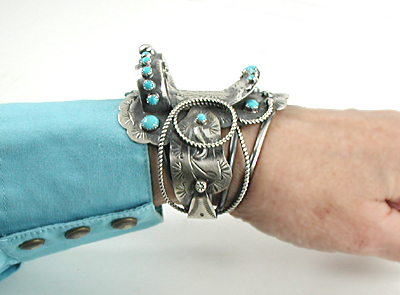 Authentic Native American sterling silver and turquoise Western Saddle Bracelet by Navajo Tim Yazzie size 6 5/8
