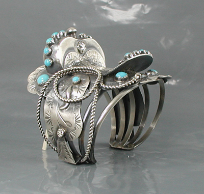 Authentic Native American sterling silver and turquoise Western Saddle Bracelet by Navajo Tim Yazzie size 6 5/8