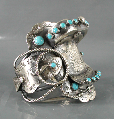 Authentic Native American sterling silver and turquoise Western Saddle Bracelet by Navajo Tim Yazzie size 6 5/8