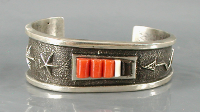 Authentic Native American handmade tufa cast sterling silver and coral inlay bracelet by Navajo silversmith Aaron Anderson size 6 1/4