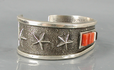 Authentic Native American handmade tufa cast sterling silver and coral inlay bracelet by Navajo silversmith Aaron Anderson size 6 1/4