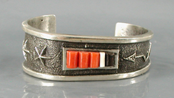 Authentic Native American handmade tufa cast sterling silver and coral inlay bracelet by Navajo silversmith Aaron Anderson size 6 1/4