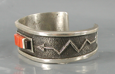 Authentic Native American handmade tufa cast sterling silver and coral inlay bracelet by Navajo silversmith Aaron Anderson size 6 1/4