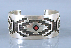 Authentic Native American handmade sterling silver overlay with coral and turquoise bracelet by Navajo silversmith Randy Toledo size 6
