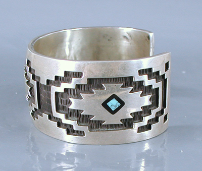Authentic Native American handmade sterling silver overlay with coral and turquoise bracelet by Navajo silversmith Randy Toledo size 6
