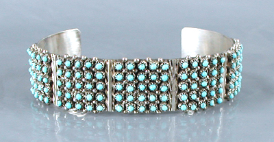Authentic Native American handmade sterling silver and turquoise snake eyes bracelet by Zuni silversmith Sam Haloo size 6 3/4