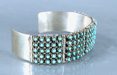 Authentic Native American handmade sterling silver and turquoise snake eyes bracelet by Zuni silversmith Sam Haloo size 6 3/4